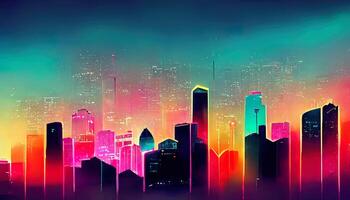 Background with night city in neon lights. photo