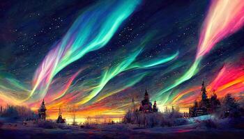 Digital illustration of an arctic landscape with glowing Northern lights. Aurora borealis shining in the sky. photo