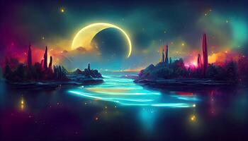 Fantasy night landscape with abstract islands and night sky with space galaxies. photo