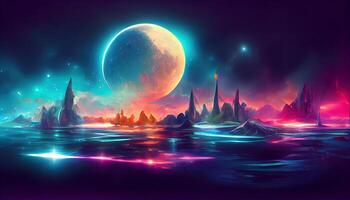 Modern futuristic fantasy night landscape with abstract islands and night sky with space galaxies. photo