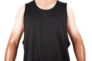 Asian man who wears black tank top shirt with two-tone skin arm isolated on white background photo
