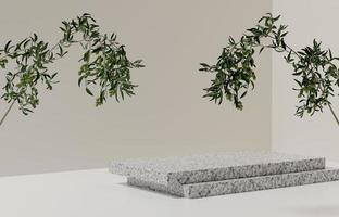 white granite rock podium or stone stage and leaves branch for presentation cosmetic. mock-up stand product scene background. 3d podium stage illustration photo