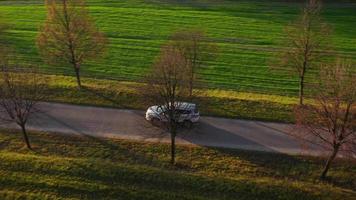 Aerial view on car driving through the road on a summer meadow video