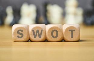 concept of SWOT analysis or strategy marketing with wood block text and chess on wooden desk background. close up photo