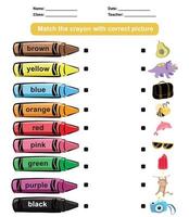 Matching the crayon colours with the images. Printable worksheet for kids learning about colours. Vector file.