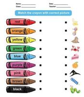 Matching the crayon colours with the images. Printable worksheet for kids learning about colours. Vector file.