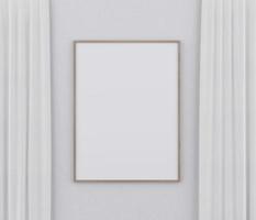 wooden frame mock up or blank close up on white wall and curtain background. frame mockup. 3d illustration photo