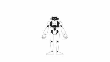 robot Moviente manos bw animación. robótica lleno cuerpo contento androide juguete aislado 2d plano monocromo Delgado línea personaje 4k vídeo imágenes en blanco con alfa canal transparencia para web diseño video