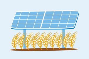 Wheat grows under the solar panel. The concept of simultaneous use of land plots both for the production of solar photovoltaic energy and for agriculture. Vector flat illustration.