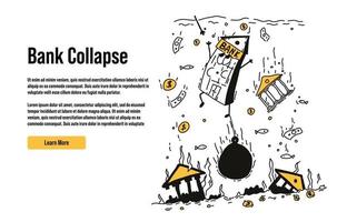 The bank is drowning in the ocean against the background of drowned buildings. The concept of bankruptcy and collapse of the banking system. Vector illustration.