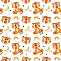 Cute kids seamless animal pattern. Drawing of a tiger cub in the clouds. The concept of sleep. Printing on fabric, paper and design. Vector illustration