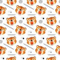 Cute kids seamless animal pattern. Drawing of a tiger cub. The concept of sleep. Printing on fabric, paper and design. Vector illustration