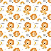 Cute kids seamless animal pattern. Lion cub pattern in the clouds. Print on fabric, paper and design. Vector illustration