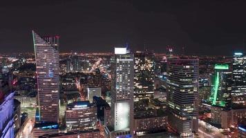 Warsaw, Poland - April 10, 2019. Aerial hyperlapse of Warsaw business center at night- skyscrapers and Palace of Science video