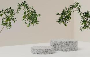 brown granite rock podium or stone stage and leaves branch for presentation cosmetic. mock-up stand product scene background. 3d podium stage illustration photo