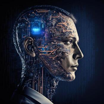 Abstract artificial intelligence businessman and humanoid robot concept, photo