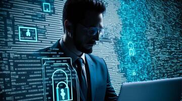 Businessman with digital cybersecurity protection concept. photo