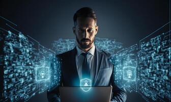 Businessman with digital cybersecurity protection concept. photo