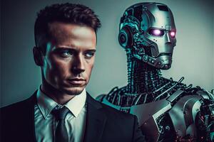 Abstract artificial intelligence businessman and humanoid robot concept, photo