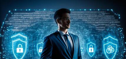 Businessman with digital cybersecurity protection concept. photo