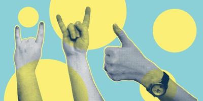 de moda collage con mano gestos, separar formas símbolo ganar, como, punk. grunge trama de semitonos retro bandera póster diseño. concepto de protesta, confrontación, lucha, huelga, victoria. vector ilustración