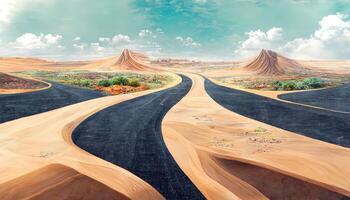 excelente viaje y vacaciones fondo, 3d ilustración con cortar de el suelo y el Desierto la carretera. generativo ai foto