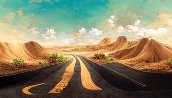 excelente viaje y vacaciones fondo, 3d ilustración con cortar de el suelo y el Desierto la carretera. generativo ai foto