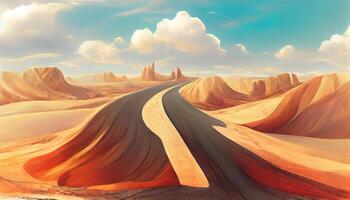 viaje y vacaciones fondo, 3d ilustración con cortar de el suelo y el Desierto la carretera. generativo ai foto