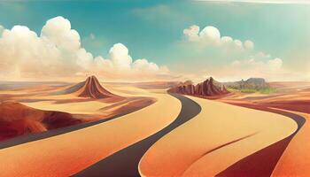 viaje y vacaciones fondo, 3d ilustración con cortar de el suelo y el Desierto la carretera. generativo ai foto