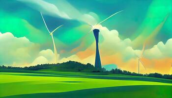 Wind generator on sky background, Wind generator power plant, Green electricity. photo