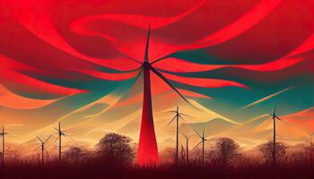 Clean energy concept. Energy from wind.. wind turbines at sunset. photo