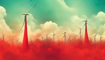Wind generator on sky Red background, Wind generator power plant, Green electricity. photo