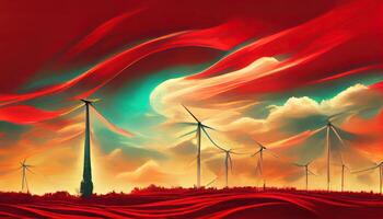 Scene with solar cell and wind turbines at home. photo