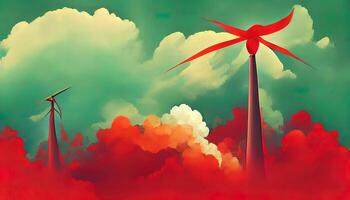 Clean energy concept. Energy from wind.. wind turbines at sunset. photo