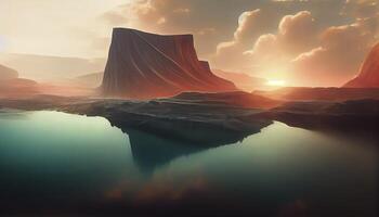 3d render, neon square frame glowing over the futuristic landscape with cliffs and water. photo