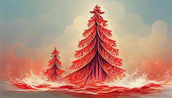 Red christmas tree design illustration for greeting card, Detailed, colored. photo