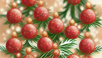 Watercolor new year and christmas toys seamless pattern on dark red background. photo