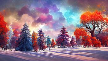 Winter christmas landscape with forest tree covered with snow holiday card background. photo