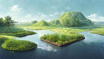 3d landscape with grassy hills and blue cloudy sky. photo