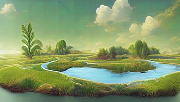 Travel and vacation background. 3d illustration with cut of the ground and the grass landscape with the cut of the pond. photo