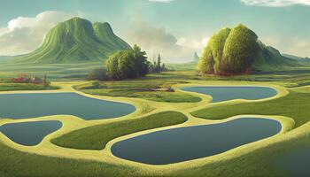 Travel and vacation background. 3d illustration with cut of the ground and the grass landscape with the cut of the pond. photo