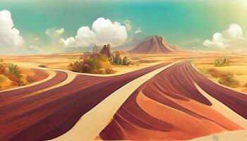 viaje y vacaciones fondo, 3d ilustración con cortar de el suelo y el Desierto la carretera. generativo ai foto