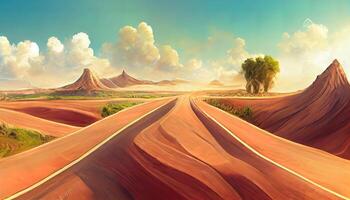 viaje y vacaciones fondo, 3d ilustración con cortar de el suelo y el Desierto la carretera. generativo ai foto