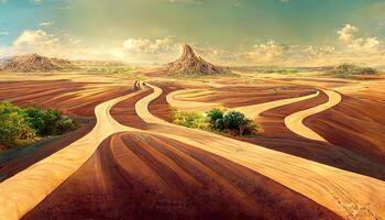 Road in desert scenery landscape with rocks and cracked dry ground. photo