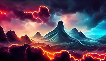 3D rendering, Abstract fantastic neon background, Terrain landscape with glowing square frame. photo