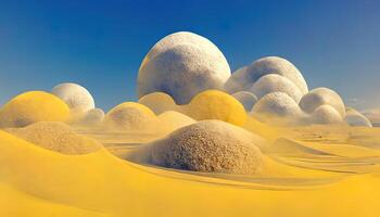 Abstract dune cliff sand with metallic arches and clean blue sky surreal minimal desert. photo