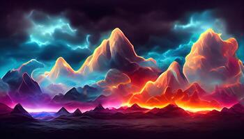 3D rendering, Abstract fantastic neon background, Terrain landscape with glowing square frame. photo