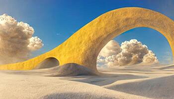 3d abstract surreal dune cliff sand with metallic arches and blue sky desert. photo