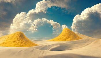 3d abstract surreal dune cliff sand with metallic arches and blue sky desert. photo