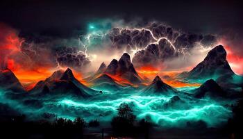 Futuristic landscape of a planet and a glowing abstract screen on the horizonfantastic mysterious. photo